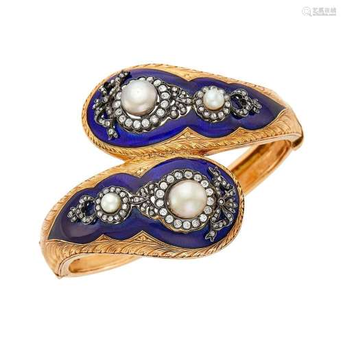 Antique Gold, Silver, Blue Enamel, Button Pearl and Diamond ...