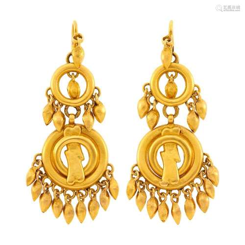 Pair of Antique Gold Fringe Pendant-Earrings