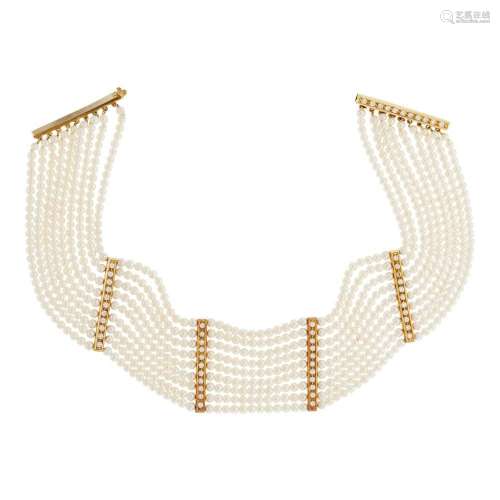 Multistrand Cultured Pearl, Gold and Diamond Choker Necklace