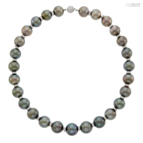 Tahitian Gray Cultured Pearl, White Gold and Diamond Necklac...