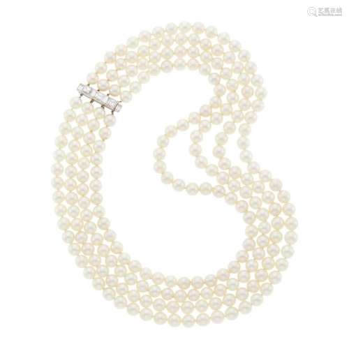 Four Strand Cultured Pearl Necklace with Platinum and Diamon...
