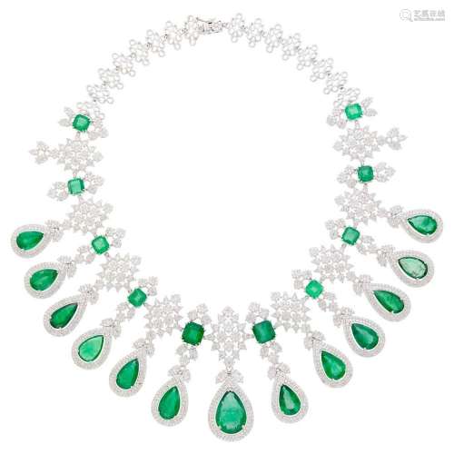 White Gold, Emerald and Diamond Fringe Necklace