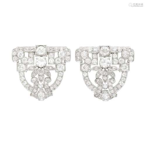 Pair of Platinum and Diamond Clip-Brooches