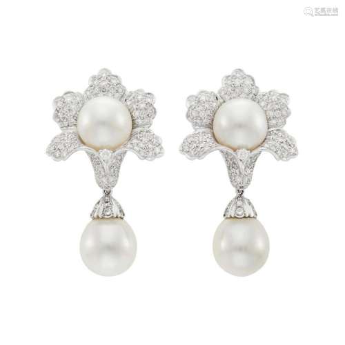 Pair of White Gold, South Sea Cultured Pearl and Diamond Flo...
