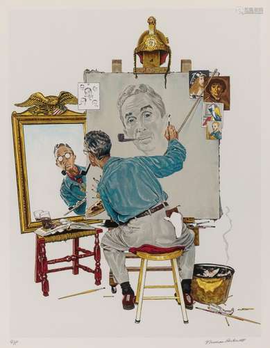 Norman Rockwell TRIPLE SELF-PORTRAIT Color lithograph, frame...