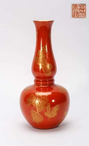 清代 礬紅描金葫蘆瓶
