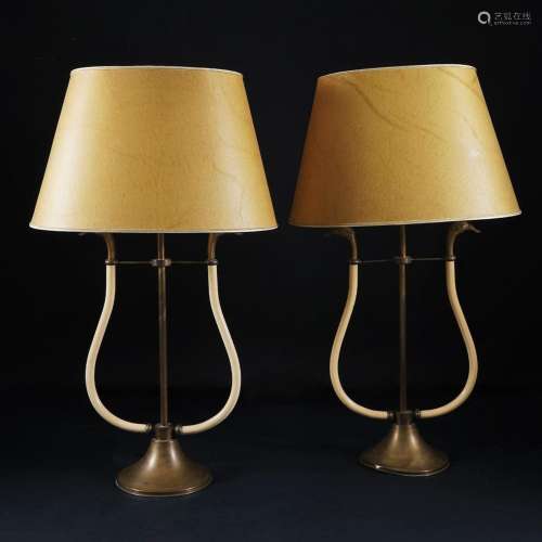 A pair of gilt and lacquered bronze lyre table lamps,  30s