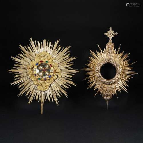 2 gilt and plated embossed metal parts of a monstrance