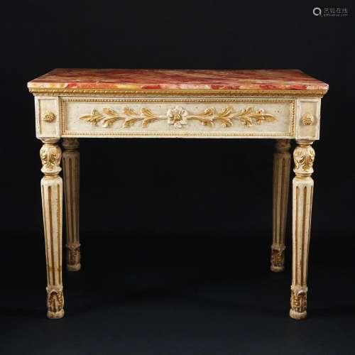 A carved white lacquered and gilt wood console with a fake m...