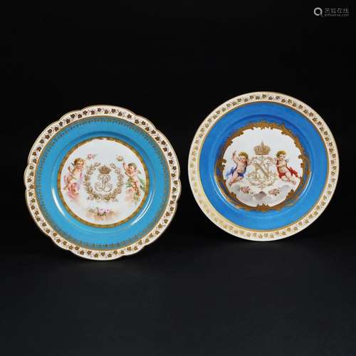 2 French white, gilt, light blue and polychrome porcelain pl...