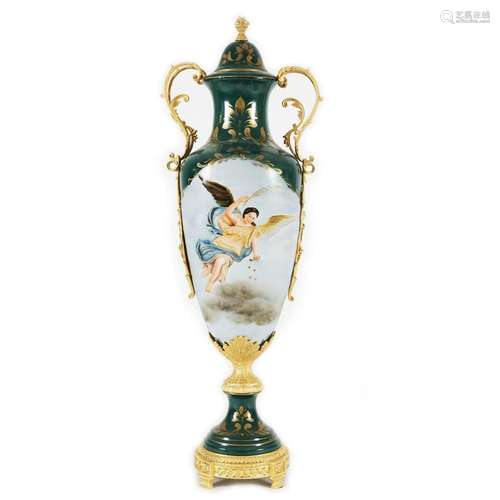 A green, gilt and polychrome ormolu mounted two-handled vase