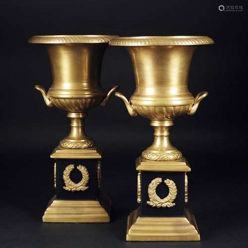 A pair of gilt bronze crater vases, 19th century