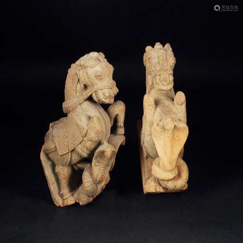 2 carved wood figures of a rampant horse