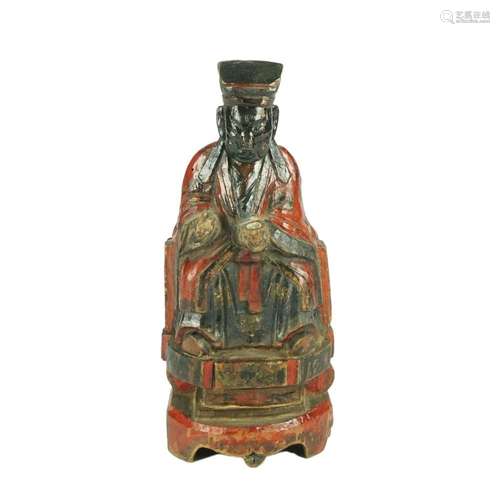 2 Chinese polychrome and gilt wood figures of a sitting divi...