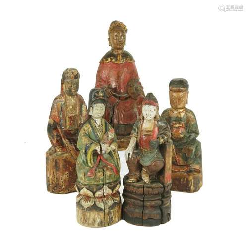 5 Chinese polychrome and gilt wood figures of a divinity, 19...