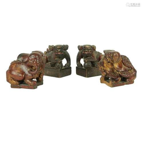 4 Chinese lacquered and gilt wood figures of 2 Foo dogs, an ...