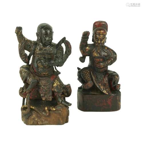 3 Chinese lacquered and gilt wood figures of sitting and sta...