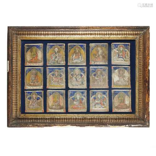 A Tibetan panel made by 18 small paintings on fabric, 19th c...