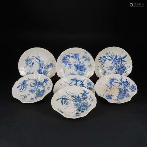 7 Chinese white and blue porcelain shell bowls, early 20th c...