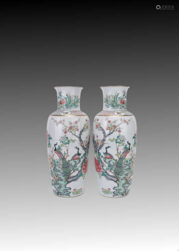 A pair of pastel flower and bird bottles
