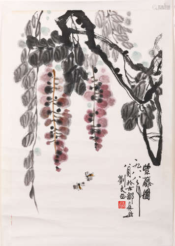 刘文西 1988年作紫藤图（原藏家得自作者本人） 纸本设色 镜芯