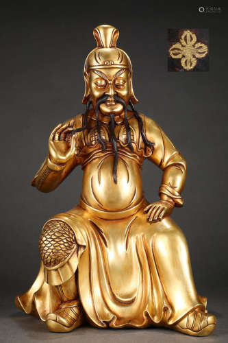 旧藏精铸紫铜胎鎏金关公武财神坐像