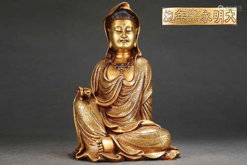 旧藏大明永乐款精铸紫铜胎鎏金自在观音坐像