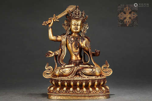 旧藏精铸紫铜胎鎏金文殊菩萨坐像