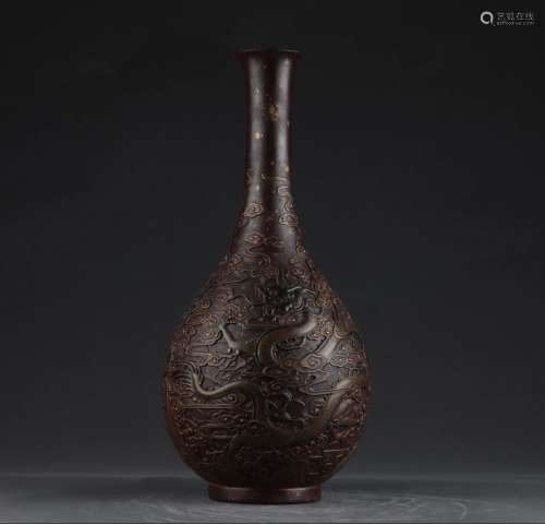 清乾隆 青铜器雕刻龙纹长颈瓶