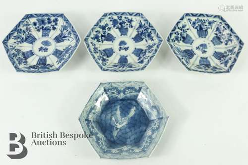 Three Chinese blue and white hexagonal dishes