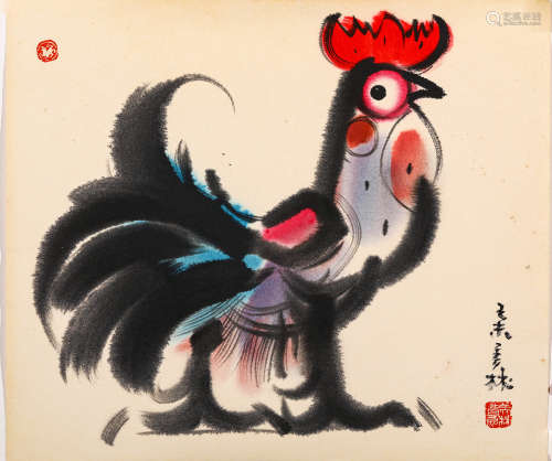 韩美林 己未（1979年）作小公鸡 纸本设色 镜芯