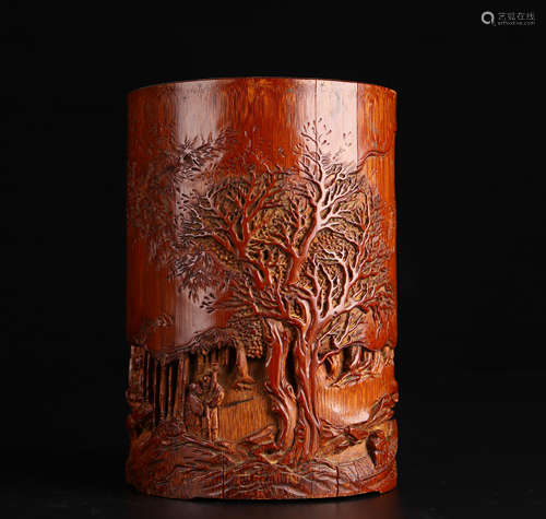 Qing Dynasty Bamboo Carved Landscape Character Pen Holder