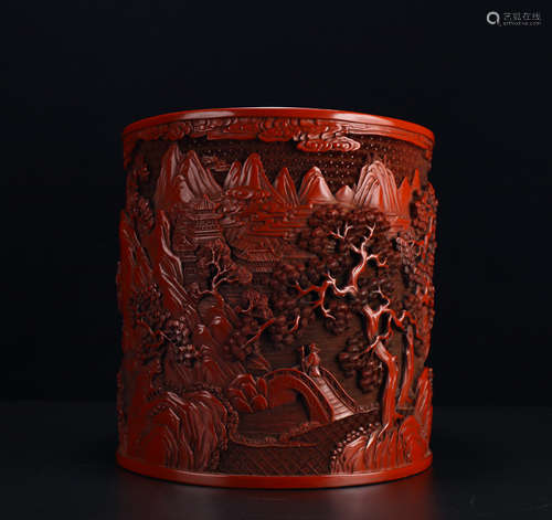 Old Tibetan Large Lacquer Landscape Pen Holder