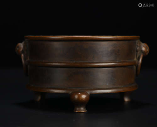 Old Tibetan bronze three-legged double-ear incense burner