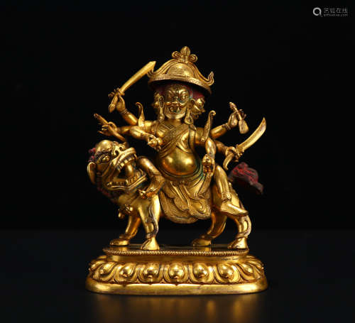 Old Tibetan Gilt Bronze Riding Lion Dharma Protector