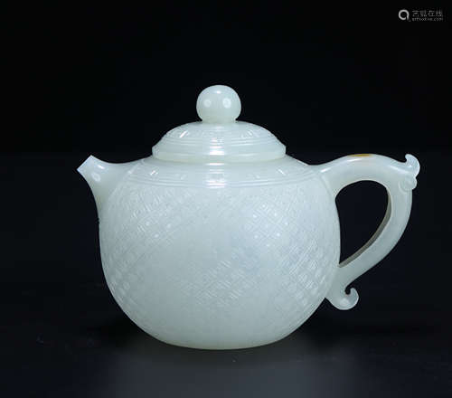 An old collection of Hetian jade-shaped teapot with short mo...