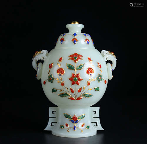 An old collection of Hetian jade inlaid multi-treasure furna...