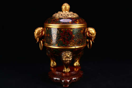 Old Tibetan Three-legged Stove with Elephant Ears and Gold