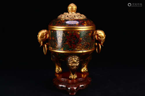 Old Tibetan Three-legged Stove with Elephant Ears and Gold