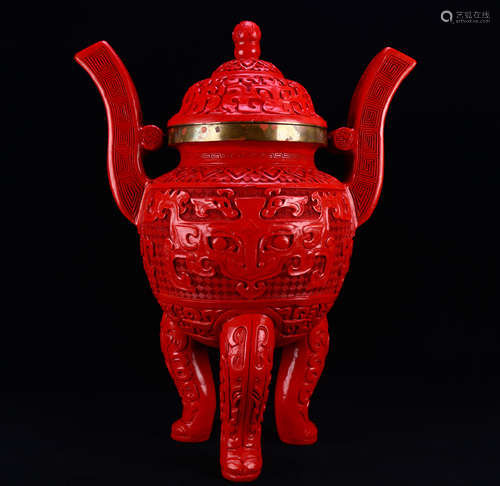 Old Tibetan large lacquer taotie pattern binaural three-legg...