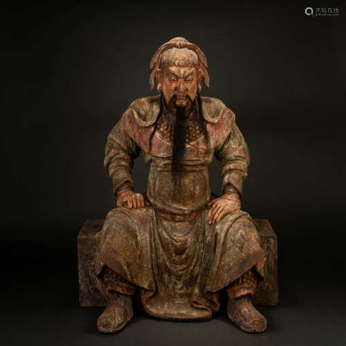 Ming woodcarving and painted seated statue of Guan Gong