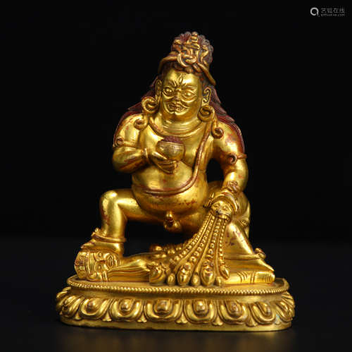 Old Tibetan Gilt Bronze Black God of Wealth Statue