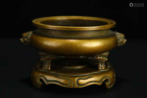 Old Tibetan Gilt Bronze Double Beast Ear Incense Burner