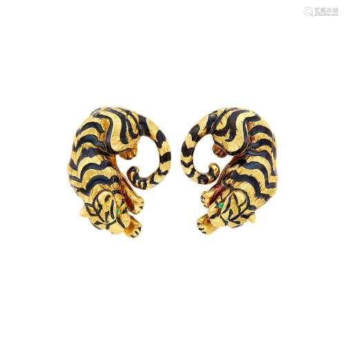 David Webb Pair of Gold and Enamel Tiger Earclips