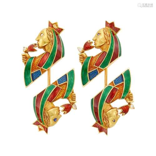 Cartier Pair of Gold, Multicolored Enamel and Diamond  Queen...