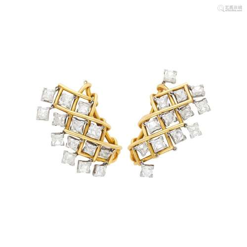 Pair of Gold, Platinum and Diamond Fringe Earclips