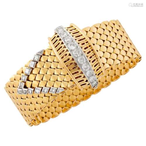 Gold, Platinum and Diamond Buckle Slide Bracelet, France