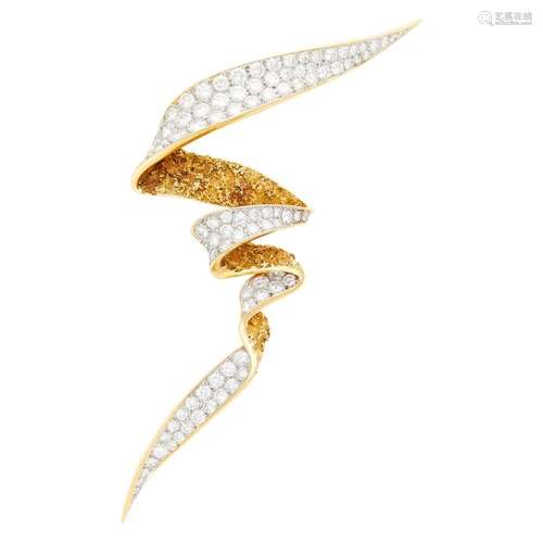 Sterlé Gold, Platinum and Diamond Ribbon Brooch, France