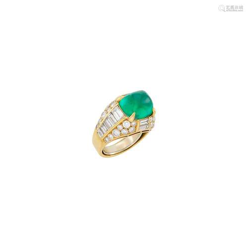 Gold, Cabochon Emerald and Diamond Ring, France