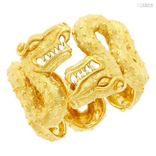 David Webb Gold  Aztec Serpent  Cuff Bangle Bracelet